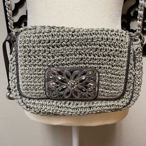 Gray straw woven embellished Brighton shoulder bag